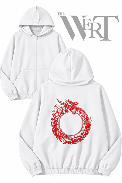 THEWERT سترة بيضاء بقلنسوة وسحاب وطباعة على الظهر من Ouroboros (2 خيط)