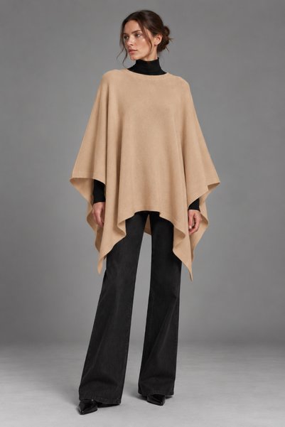 WHO Kadın Triko Panço Bisiklet Yaka Oversize Rahat Kesim Asimetrik Panço