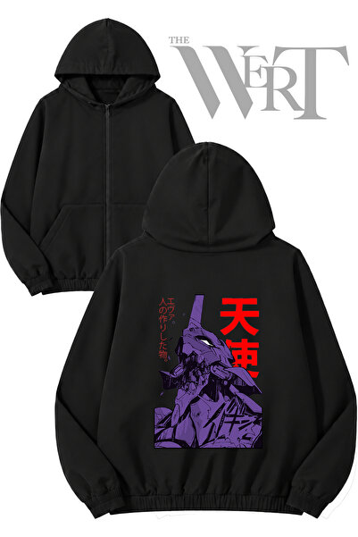 THEWERT Neon Genesis Evangelion 1 Back Printed Zippered Hooded Black Cardigan...