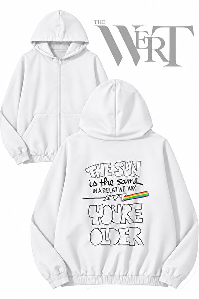THEWERT The Sun Pink Floyd Back Printed Zippered Hooded White Cardigan (2 Yarn)