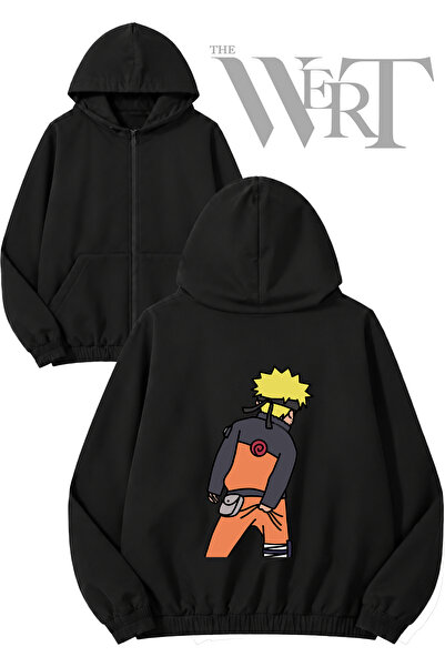 THEWERT Cardigan negru cu glugă și fermoar imprimat pe spate Naruto 1 (2 fire)