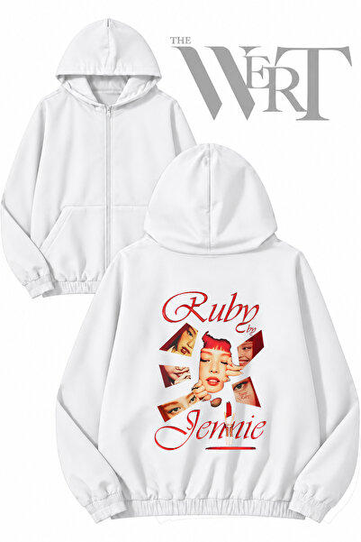 THEWERT سترة Jennie Ruby بيضاء اللون بطبعة خلفية وسحاب وغطاء رأس (خيطان)
