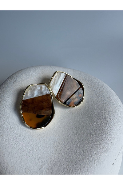 BHR AKSESUAR Gold Color Brown Enamel Earrings (3.8 cm)