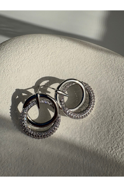 BHR AKSESUAR Silver Color Zircon Stone Earrings (2.2 cm)