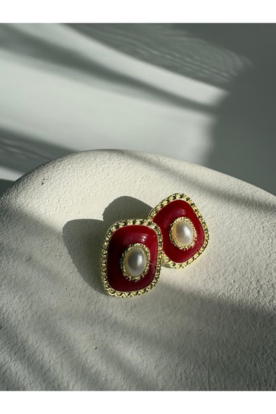 BHR AKSESUAR Gold Color Burgundy Pearl Retro Tiny Earrings (2.1 cm)