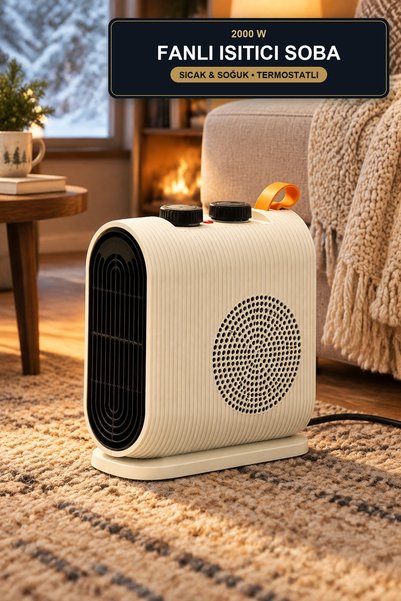viracasa Fanlı Isıtıcı Soba 2000W Termostatlı Sıcak ve Soğuk Hava Elektrikli Isıtıcı Krem