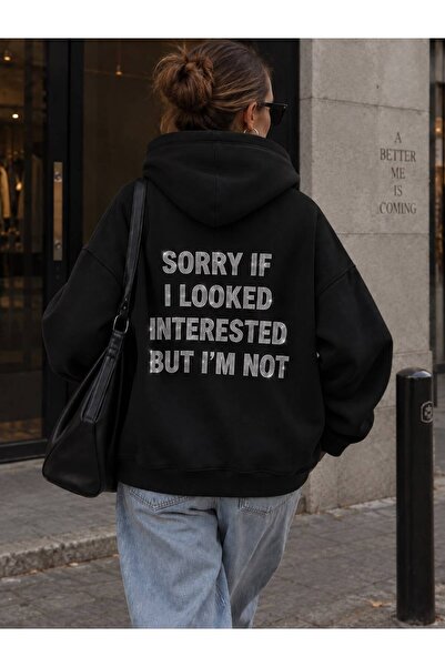 Mad&Calf Women's Sorry I'M Not Interested Stone Printed Hooded Oversize Sweat...