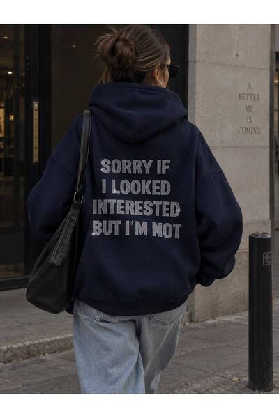Mad&Calf Women's Sorry I'M Not Interested Stone Printed Hooded Oversize Sweat...