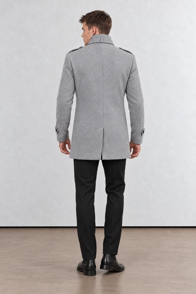GOOD FASHION Men's Slim Fit Cashmere Coat with Stand Collar and Epaulet Detail