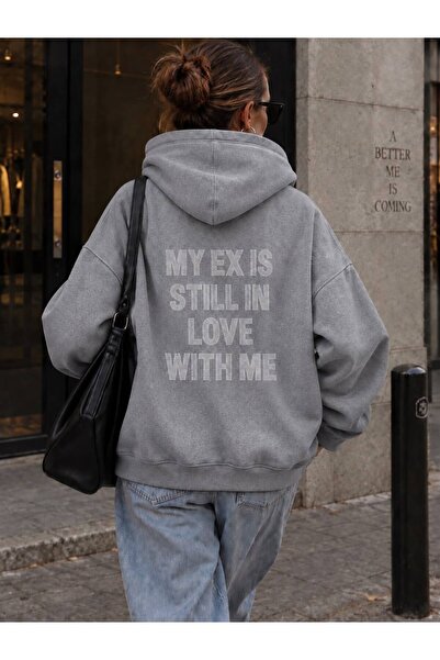 Mad&Calf Women's Ex Love Stone Printed Hooded Oversize Sweatshirt