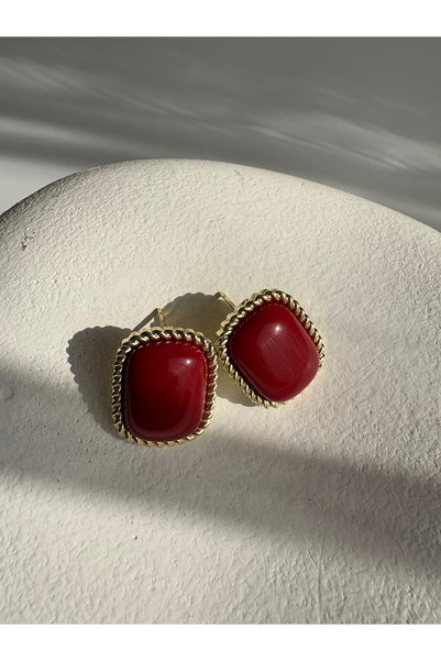 BHR AKSESUAR Gold Color Burgundy Retro Tiny Earrings (2 cm)