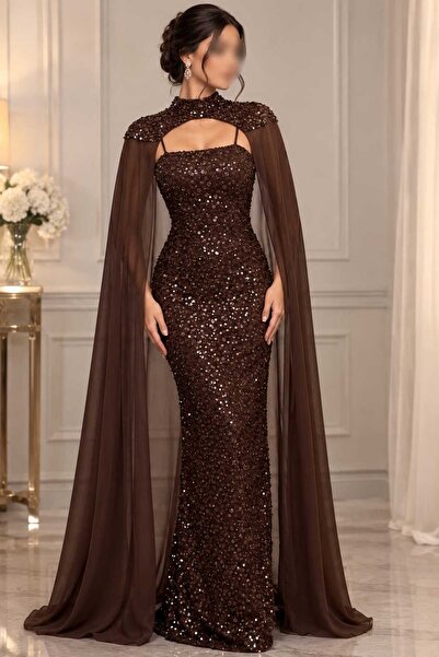 Barly فستان سهرة بني شوكولاتة مرصع بالترتر مع كاب شيفون طويل