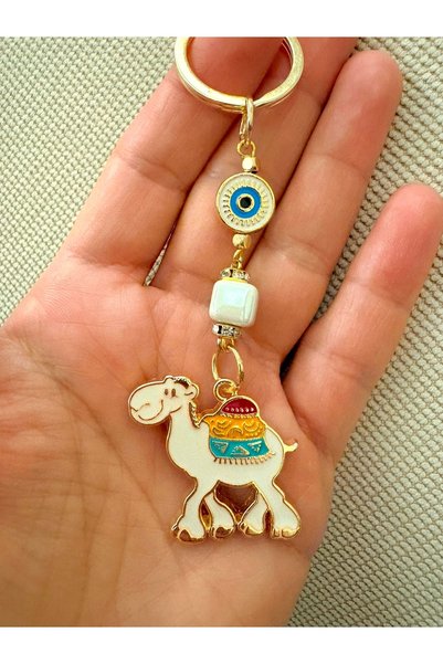 Azrua White Camel Metal Keychain, Lucky Keychain, Metal Evil Eye Keychain Bag Accessory