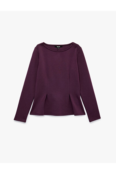 Koton Slim Fit Pamuklu Bisiklet Yaka Uzun Kollu Pileli Peplum Bluz