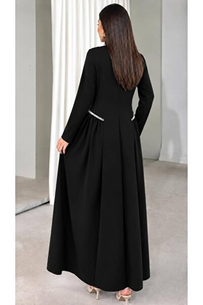 maf collection Women's Crepe Fabric Black Crew Neck Waist Stone Detail Long Sleeve Maxi Length Evening Dress