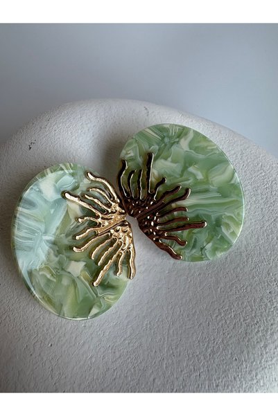 BHR AKSESUAR Gold Color Green Patterned Earrings (4.3 cm)