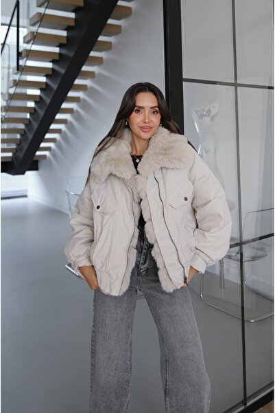 Havoş Stone Color Jota Fur Coat with Elastic Waist