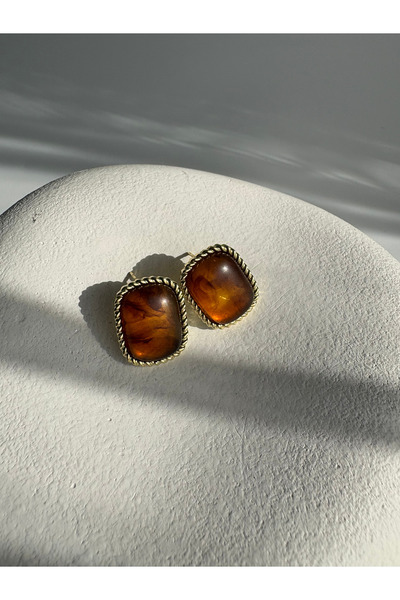 BHR AKSESUAR Gold Color Amber Retro Small Earrings (2 cm)