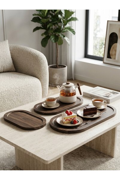 Generic Dark Wood Grain Pattern Serving Tray Set