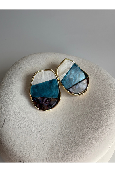 BHR AKSESUAR Gold Color Blue Enamel Earrings (3.8 cm)