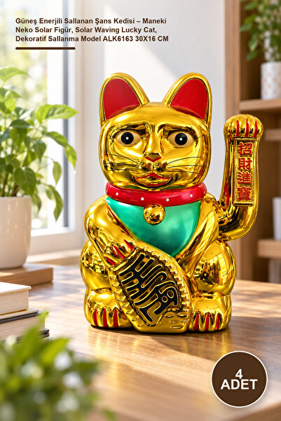 4 Adet Güneş Enerjili Sallanan Şans Kedisi – Maneki Neko Solar Figür, Solar Waving Lucky Cat, Dekoratif Sallanma Model ALK6163 30X16 CM