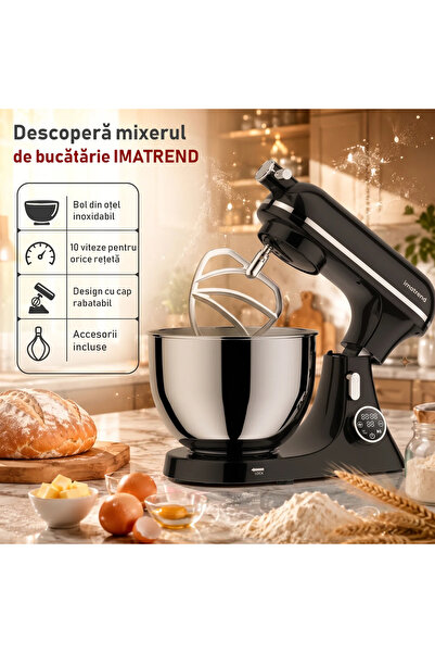 IMA TREND Mixer profesional cu bol din oțel inoxidabil, 2000W, 7L, funcție de dospire a aluatului, panou digital, 10 viteze, negru