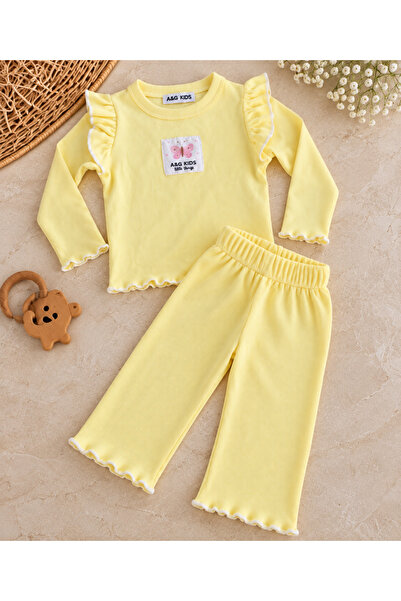 AKİF GİYİM Baby Girl & Child Cotton Ribbed Fabric Ruffle Top and Bottom Set