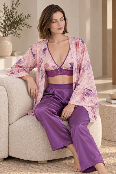 Loule Women's Purple-Pink Satin Kimono Pajama Set Floral Patterned Bralet Tro...