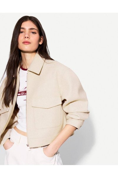 qeteen Kadın Oversize Kısa Mont Fermuarlı Cepli Modern Şık Günlük Kaşe Ceket