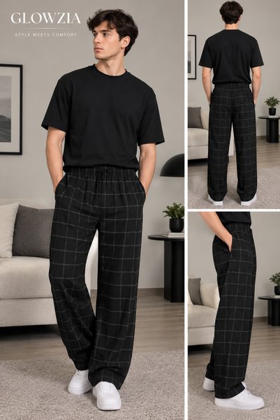 Glowzia Men's Square Patterned Home Wear Comfortable Long Leg Elastic Waist P...