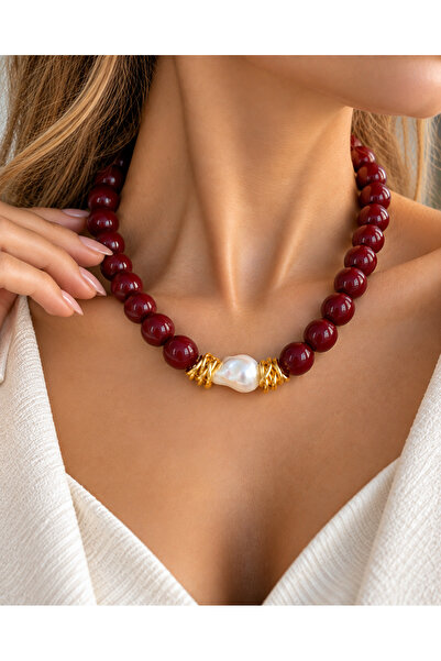 POYASE Burgundy and Brown Beaded Baroque Pearl Detailed Women's Necklace with Gold Accessories
