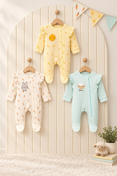 Tuğra Bebe 3’lü Fermuarlı Patikli Uzun Kollu Bebek Tulum Seti %100 Pamuklu 0-...