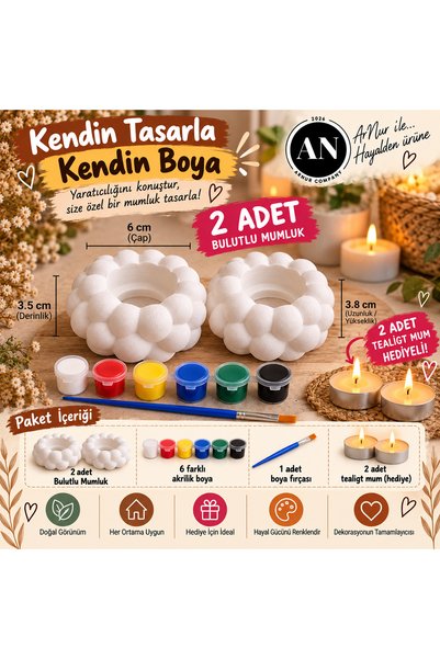Genel Markalar Kendin Tasarla Kendin Boya Bulutlu Mumluk Seti – 2 Adet Taş Mu...
