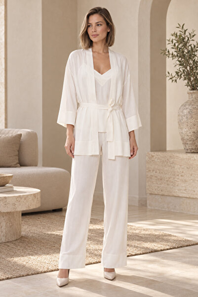 Loule Set de pijamale kimono ecru pentru femei, cu pantaloni subțiri cu dungi...