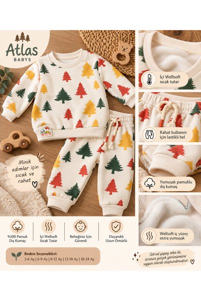 Necix's Bebe 🌲 Bebek Çocuk Ağaç Desenli Eşofman Takımı – İçi Wellsoft