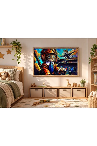 KEYFHOME Pilot Cat Avion cu reacție înrămat MDF Tablou Poster Camera Copiilor...