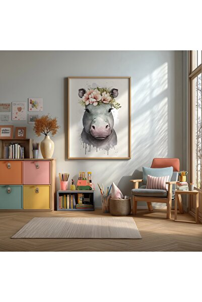 KEYFHOME Poster de pictură MDF înrămat cu hipopotami drăguți, cadou decorativ...