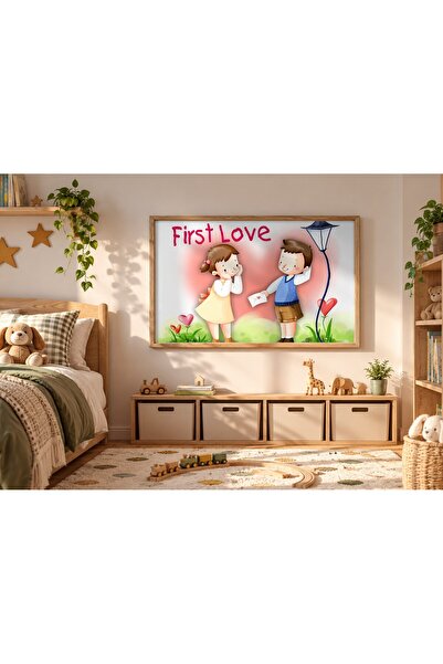 KEYFHOME Poster de pictură MDF înrămat orizontal First Love Kids, cadou pentr...