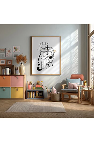 KEYFHOME Slika devojke i mačke, uokvirena MDF slika, poster, dekoracija zidov...