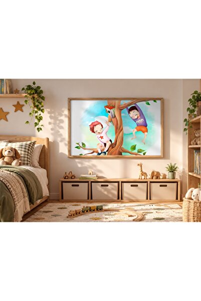 KEYFHOME Copii care se joacă în copac înrămat MDF tablou poster camera copiil...