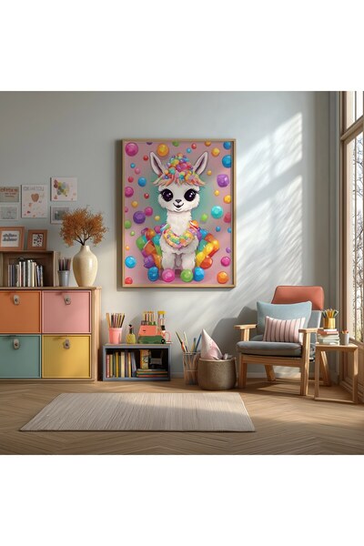 KEYFHOME Cute Llama with Candy Framed Mdf Painting Poster Children's Room Wal...