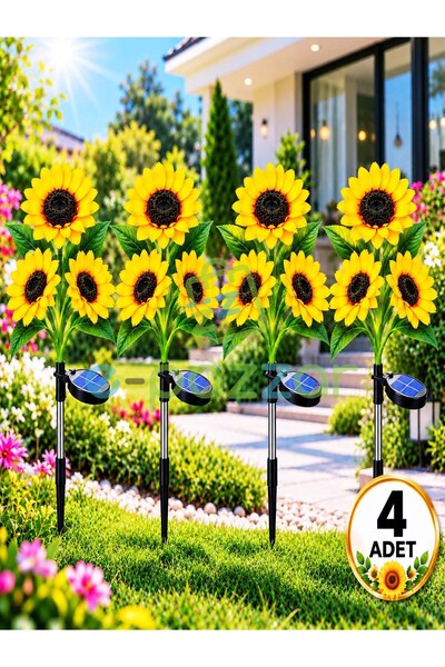 epazzar 4 Adet Gerçekçi 3 Dal Ayçiçeği Solar Panelli Bahçe Balkon Teras Veranda Aydınlatma Günışığı Led Işık