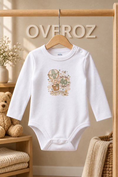 Overoz 40 Uçurma Teddy Bear Printed Baby Bodysuit Long Sleeve White Cotton Sn...