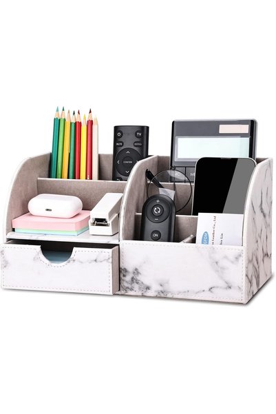 Arabest PU Desk Organizer with 6 Compartments and Drawer,Gray Marble Office S...