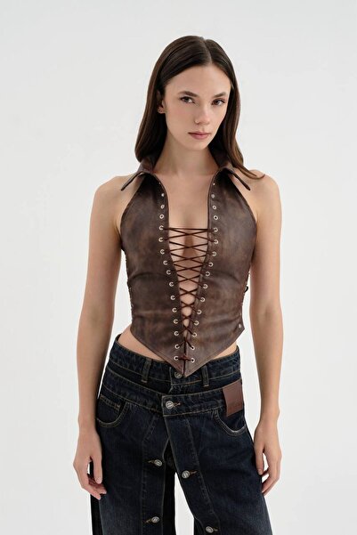 tw3 Women's Leather Chest and Back Lace-Up Detailed Sleeveless Design Corset