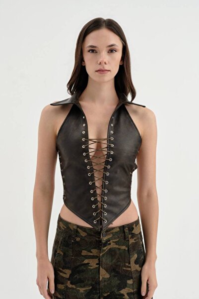 tw3 Women's Leather Chest and Back Lace-Up Detailed Sleeveless Design Corset
