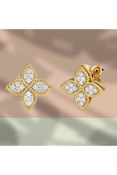 OEM Cercei Aurii Lucky Clover Elegance cu Pietre Fatetate Strălucitoare , Oțel Inoxidabil 316, Saculet catifea cadou