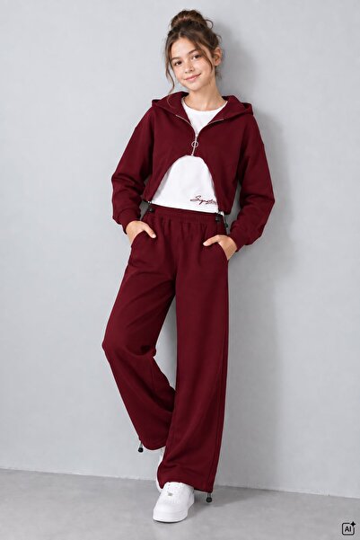 CansınMini Set 3 piese pentru fete, culoare burgundy, cu bolero cu fermoar, b...