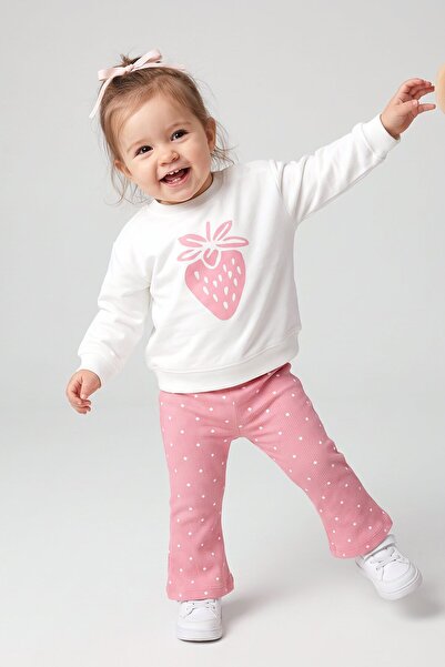 Dmb Kız Bebek - Çocuk Çilek Baskılı Sweatshirt ve Puantiyeli Fitilli Taytlı İkili Takım