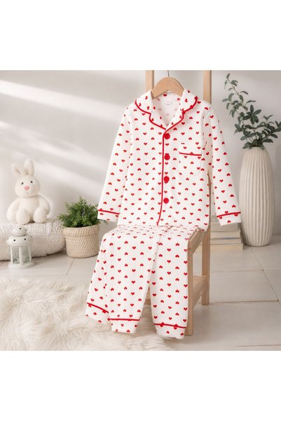 Bebelove Girl's Heart Patterned Buttoned Pajama Set White